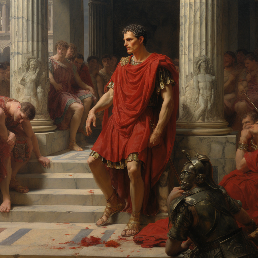 Julius Caesar cringing at Brutus in Roman court