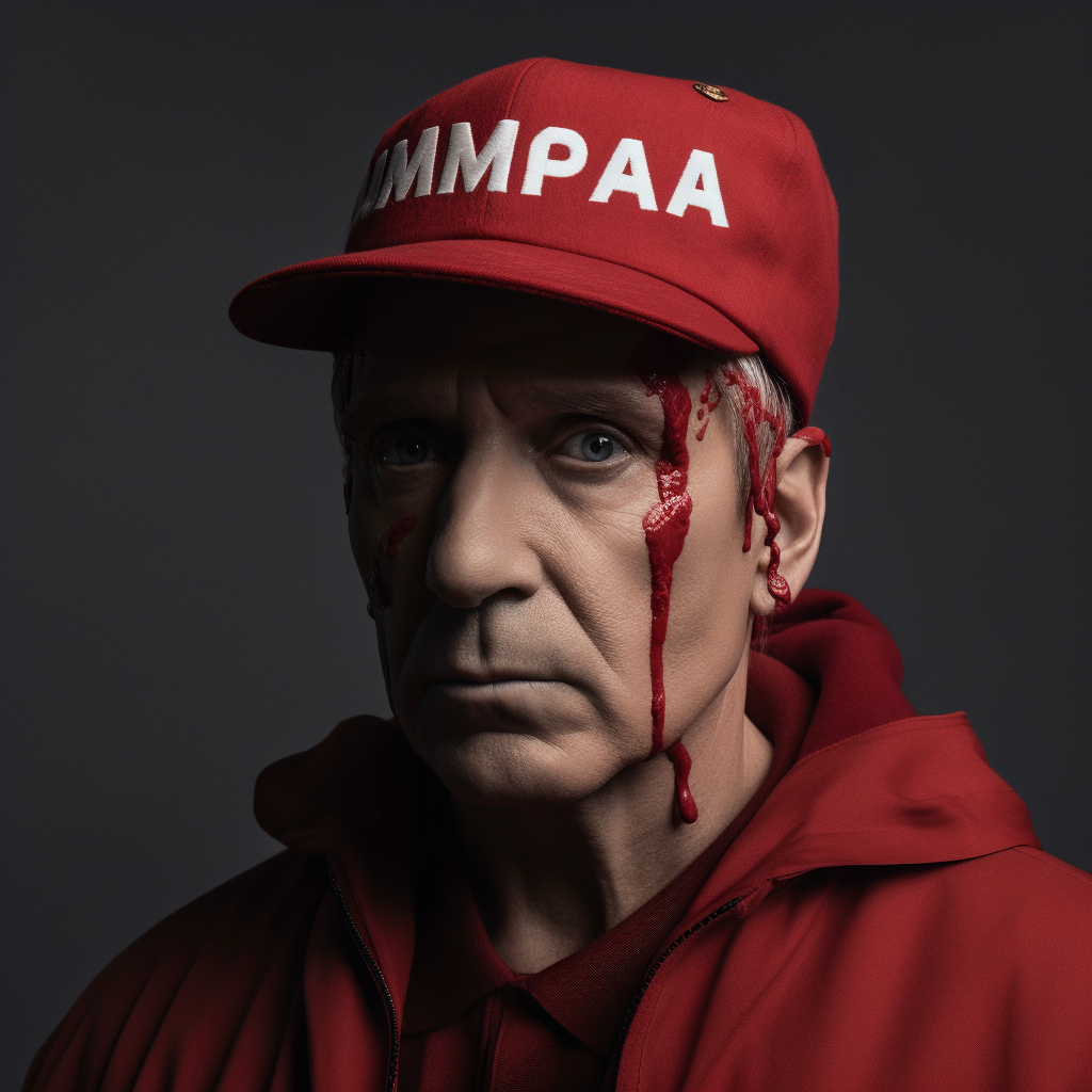 Julius Caesar in red MAGA cap holding MSPQRAGA sign