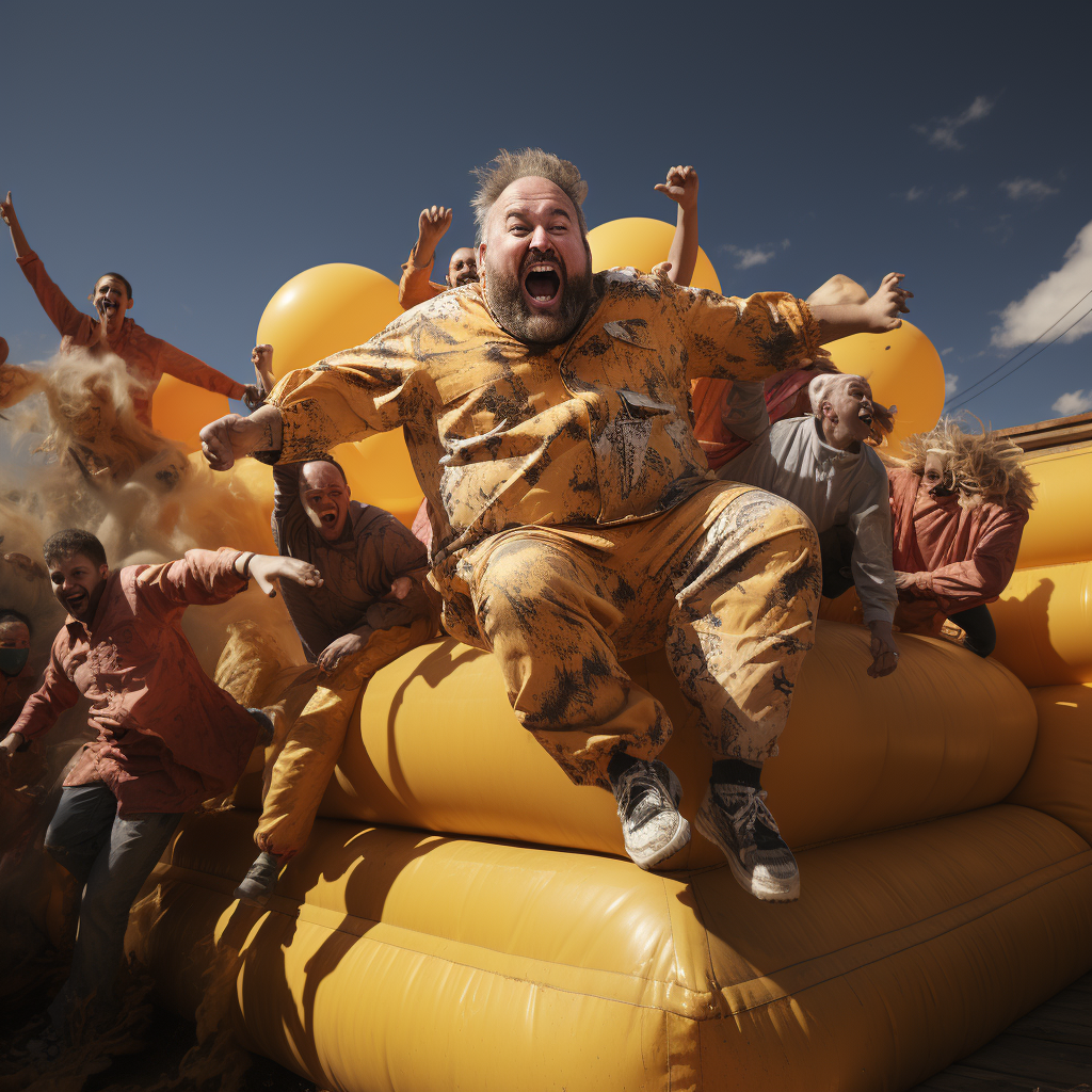 Obese individuals having fun at the jumping castle