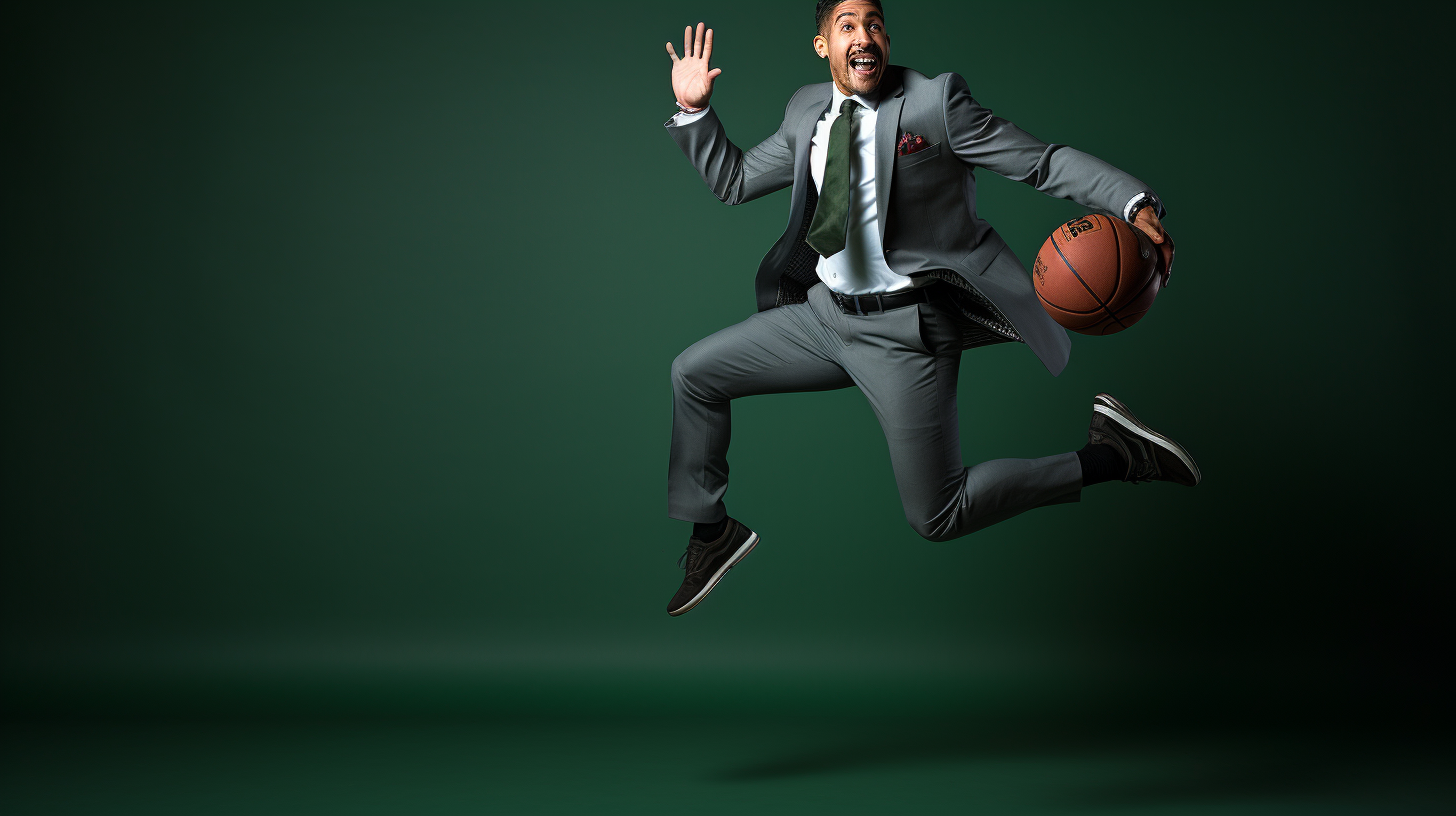 Latino father jumping with basketball style