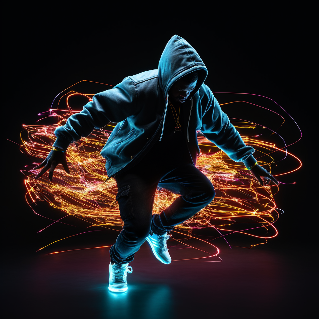 Energetic man in hoodie jumping with neon lights