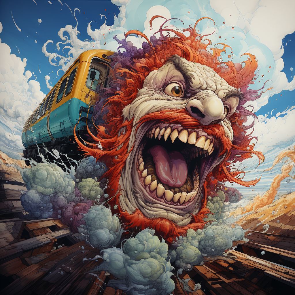 Detailed evil monster jumping off a train