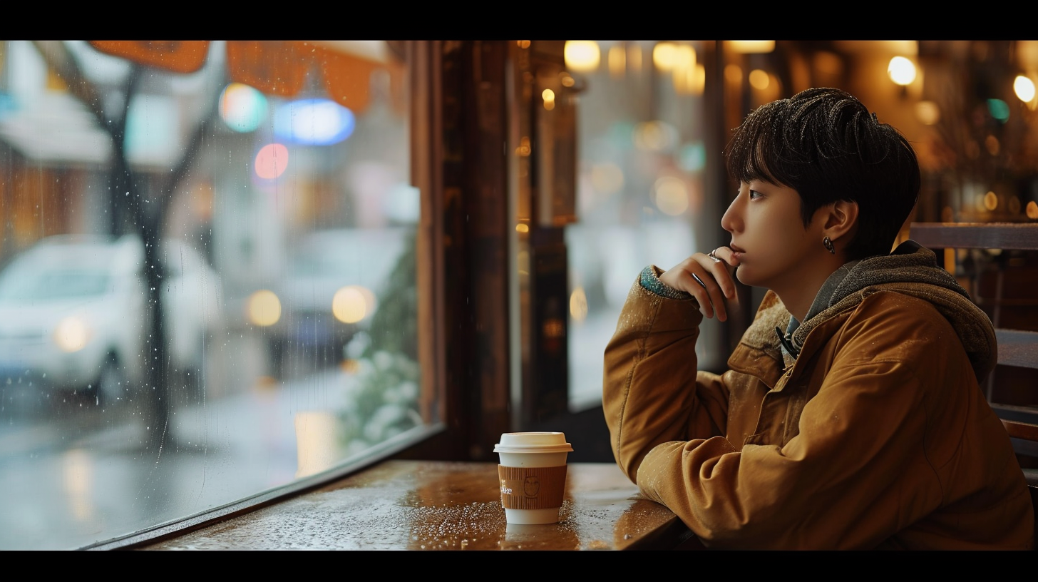 Jungkook enjoying the rainy coffee shop view