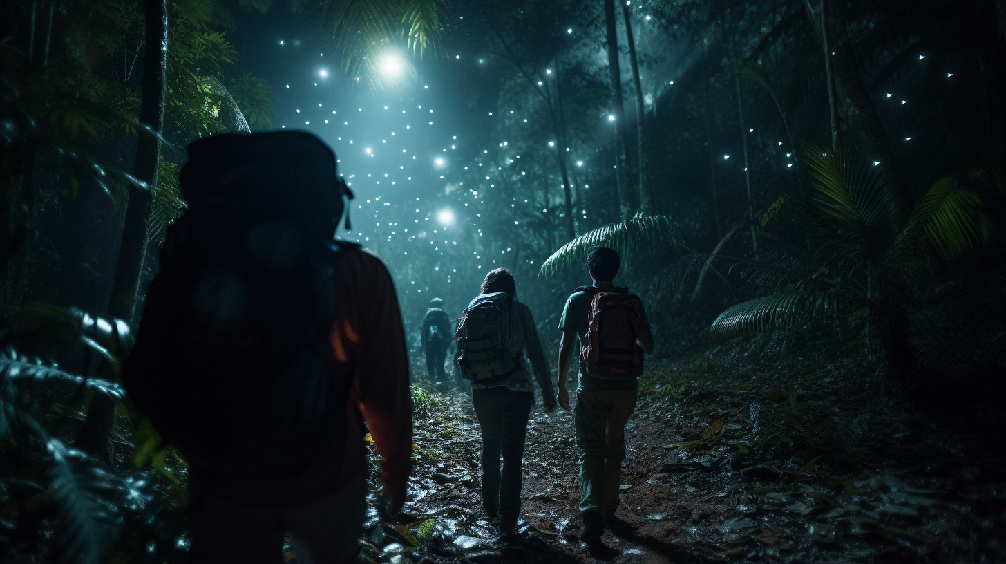 Up-close view of jungle exploration with flashlight