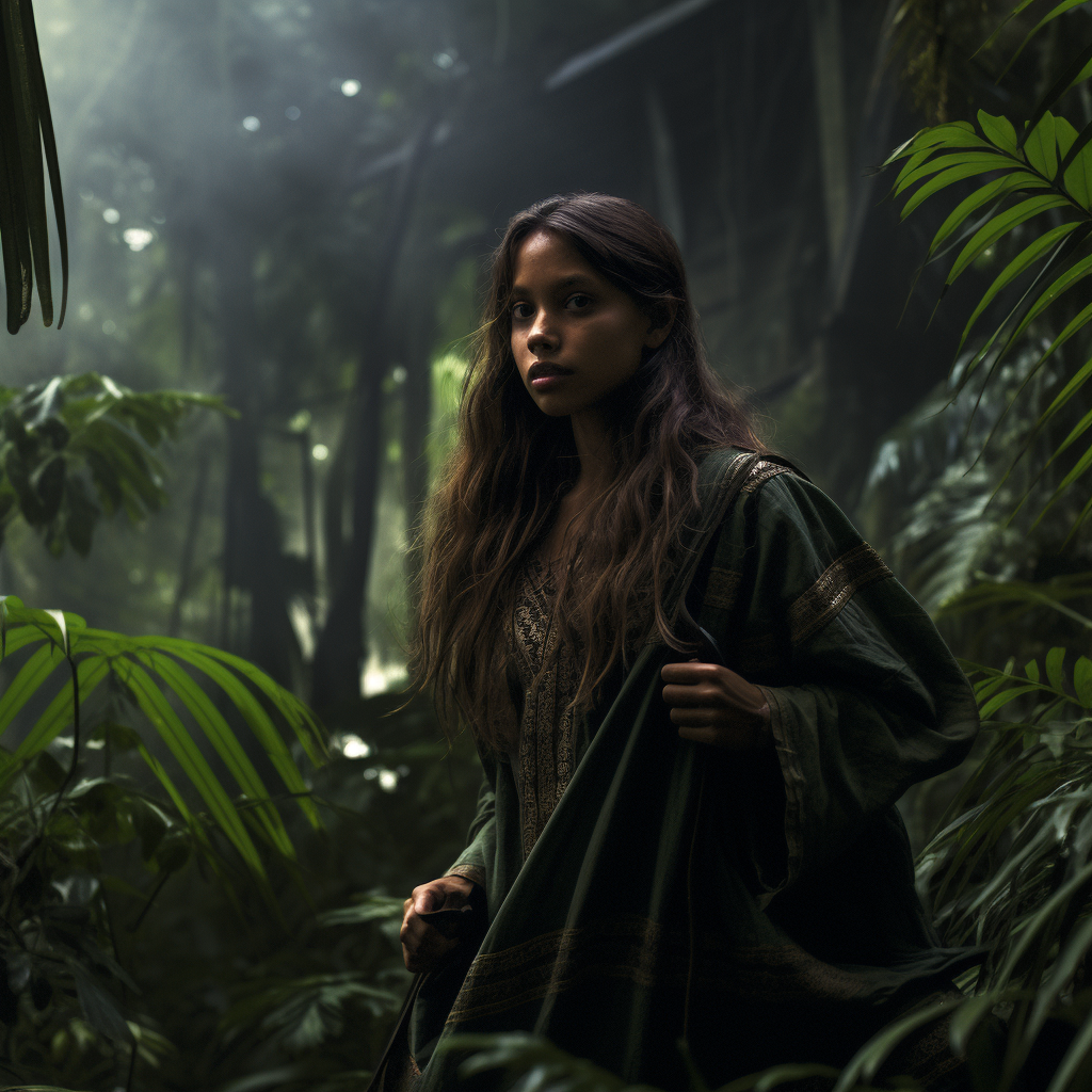 Girl wearing green clothes in jungle