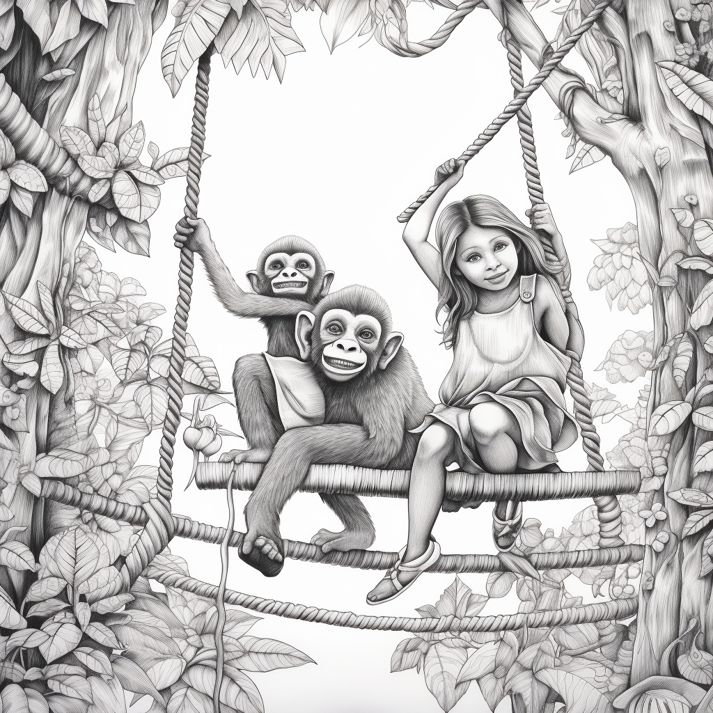 Two girls swinging in jungle with chimpanzee