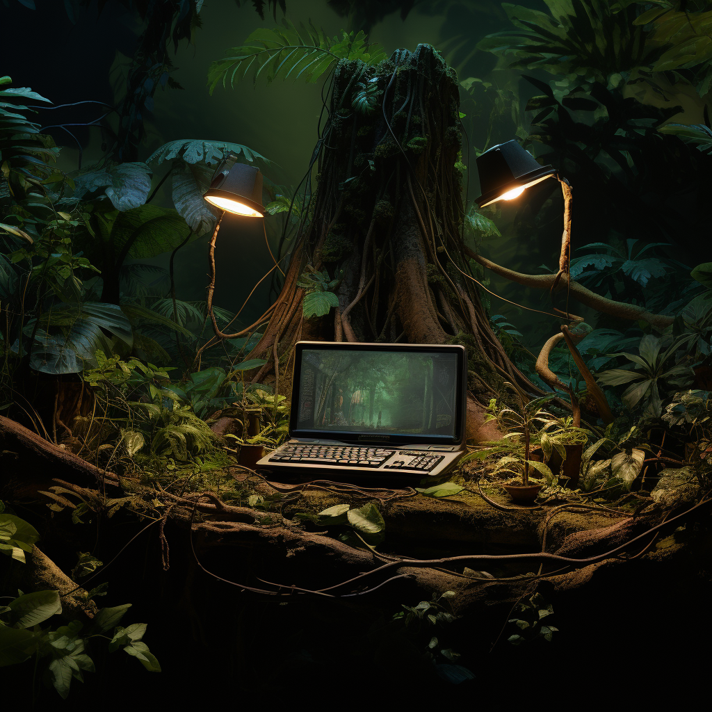 Nighttime jungle with laptop on fallen tree