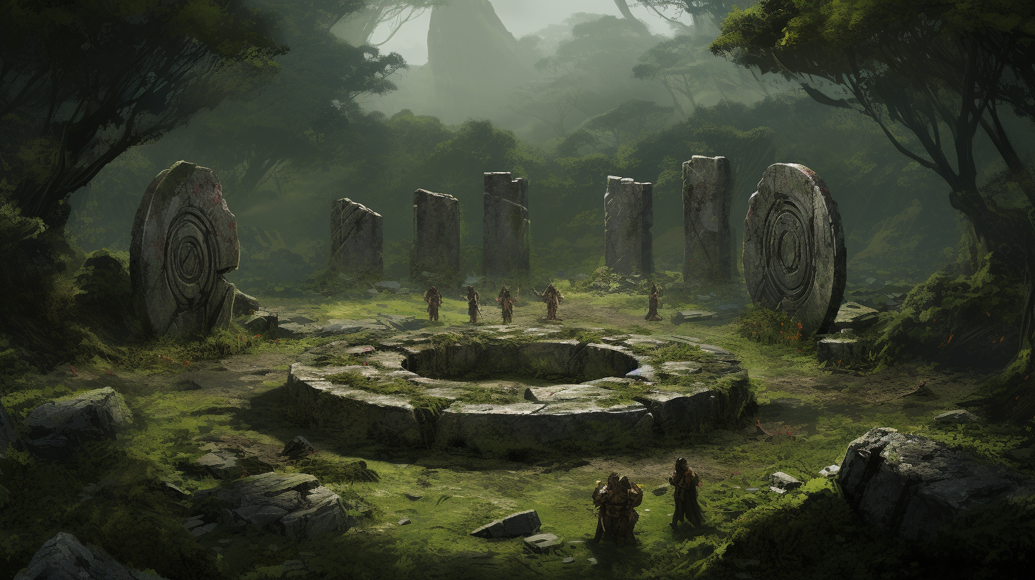 Photorealistic jungle stone circle with scattered meat