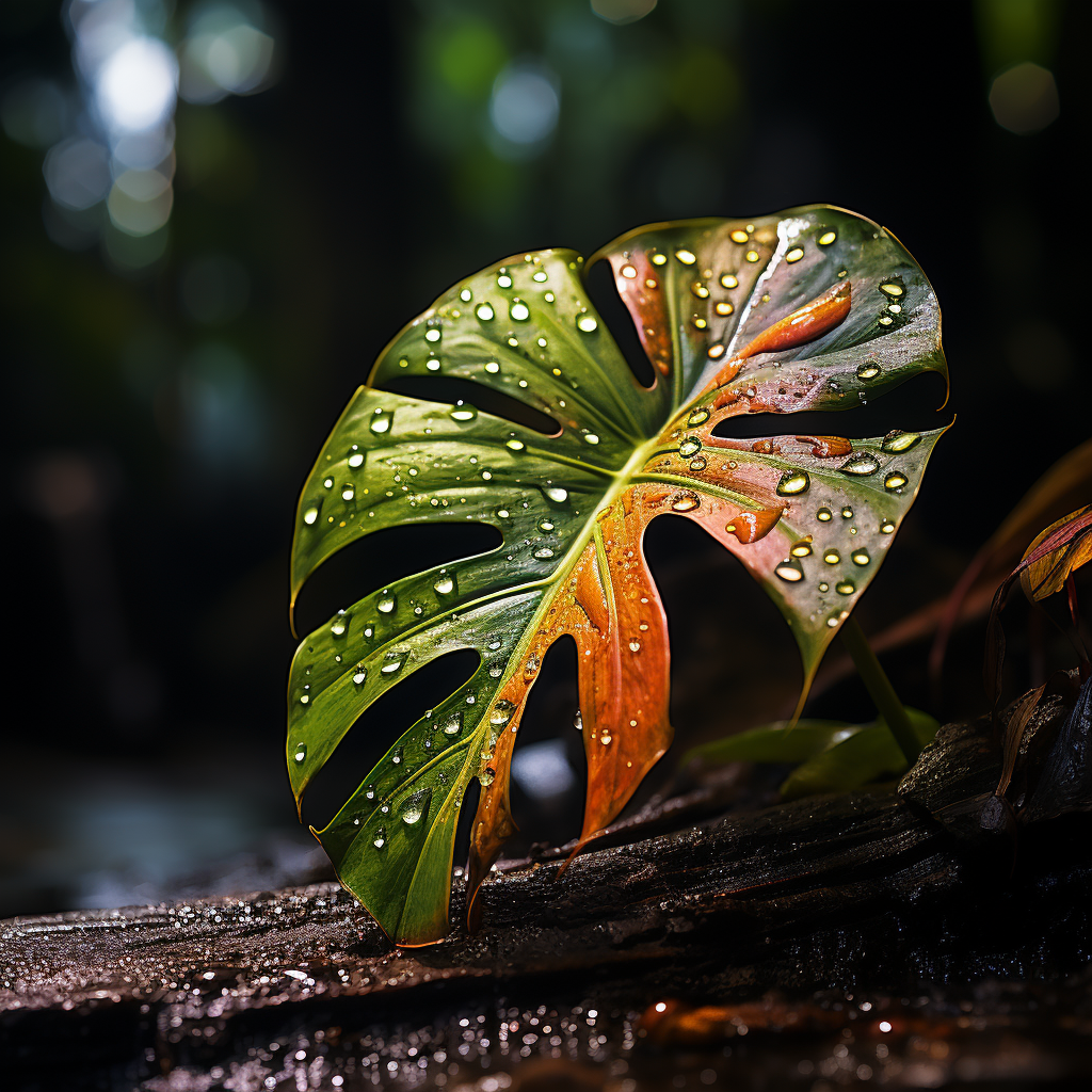 Photorealistic monstera leaf in vibrant jungle rain