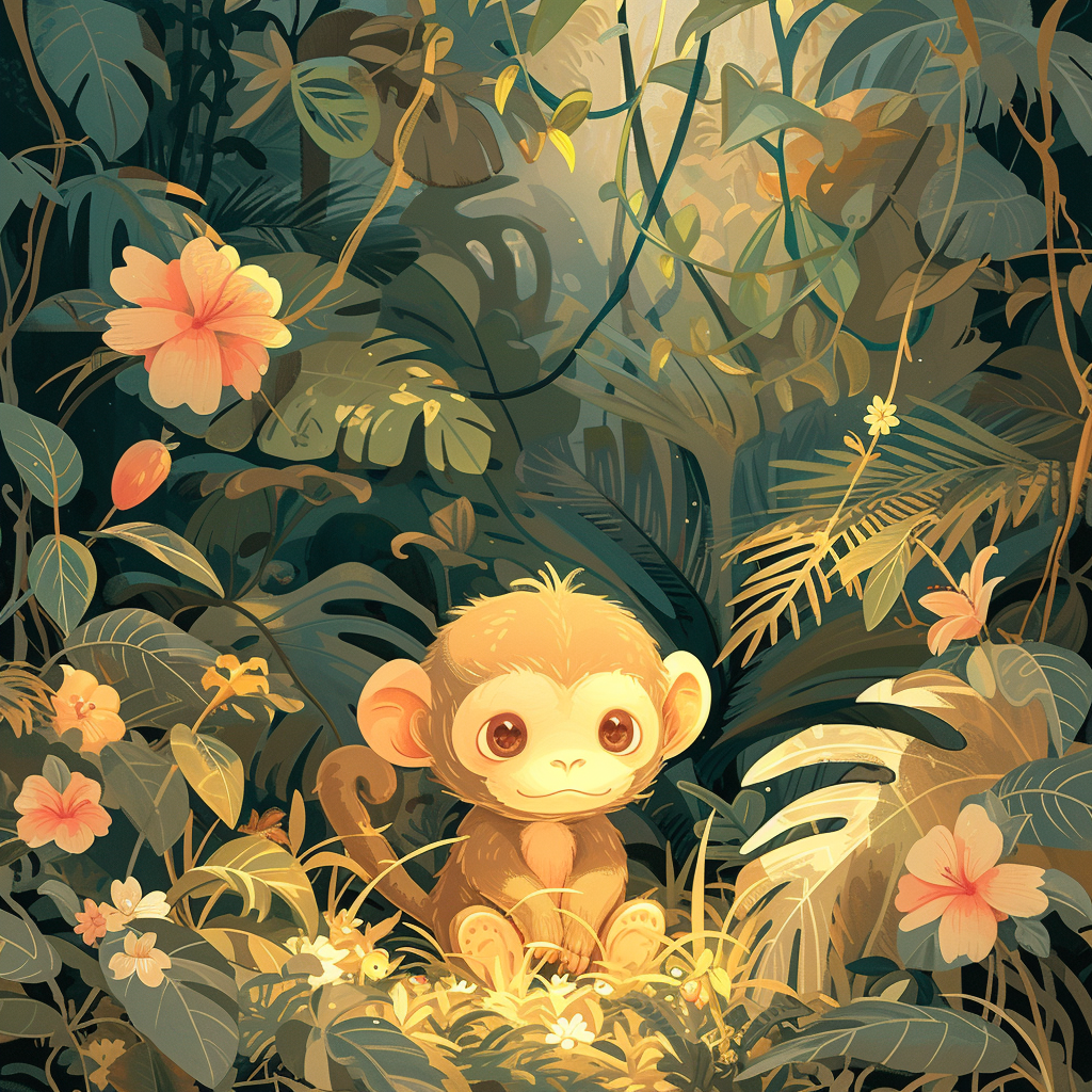 Cute monkey in beautiful jungle scene