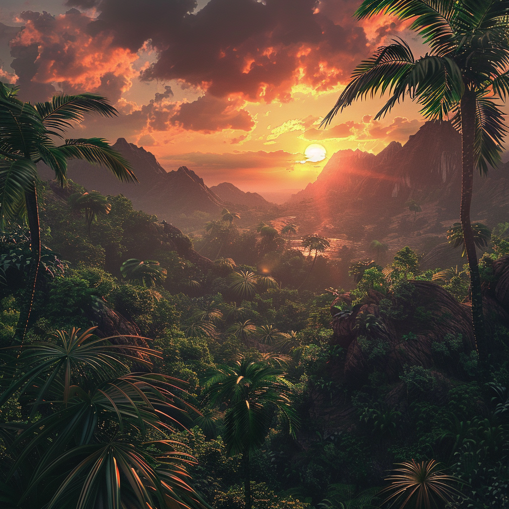 Jungle sunset on gnarly terrain