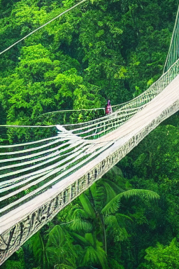 A suspension bridge in the jungle, surrounded by lianas