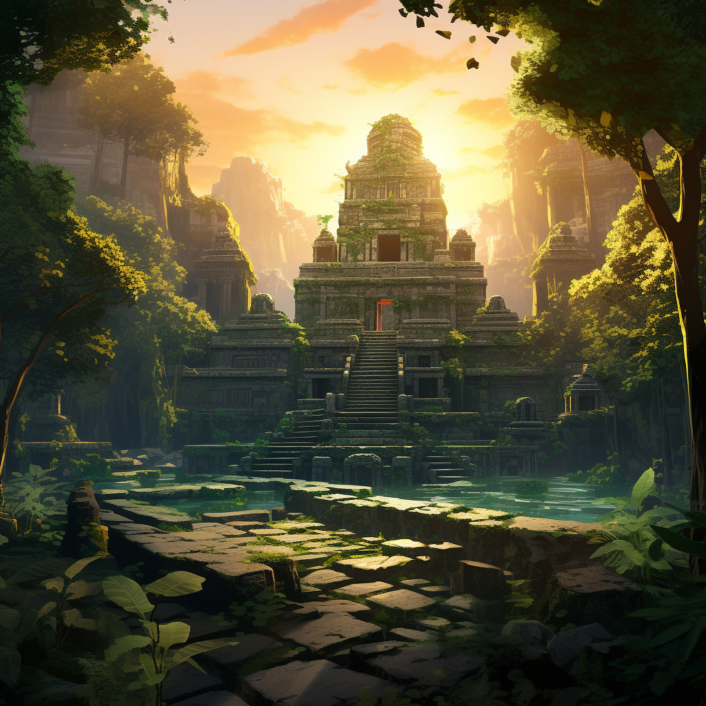 Sketch of jungle temple at dawn