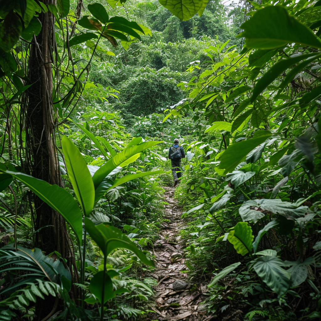 Trekking through thick jungle cutting path