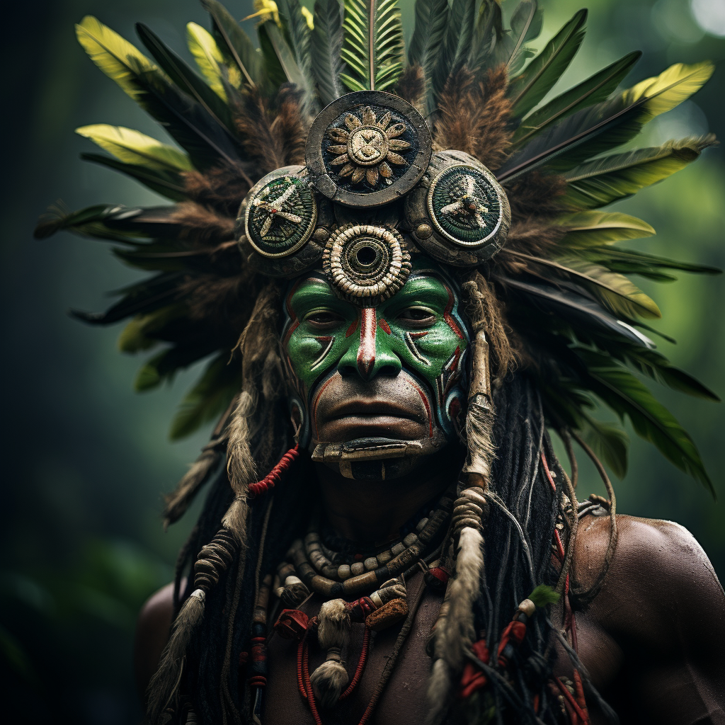 Jungle tribal shaman with Inca mask