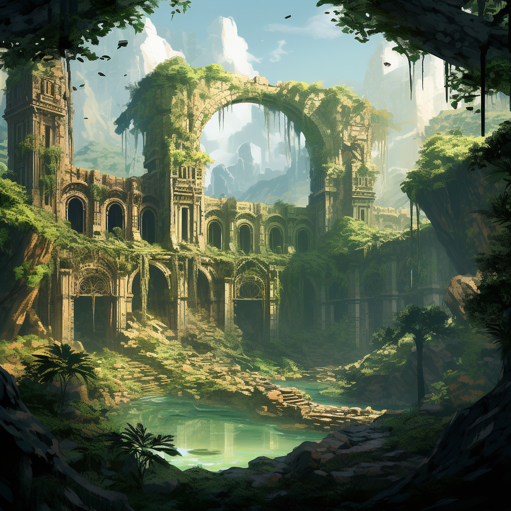 Mystical tropical jungle valley with colossal gate ruins