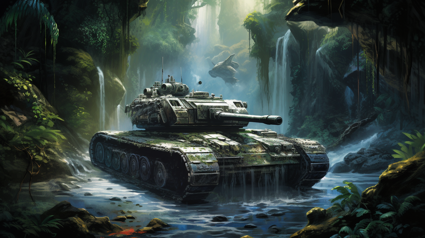 Tank swimming in jungle waterfall