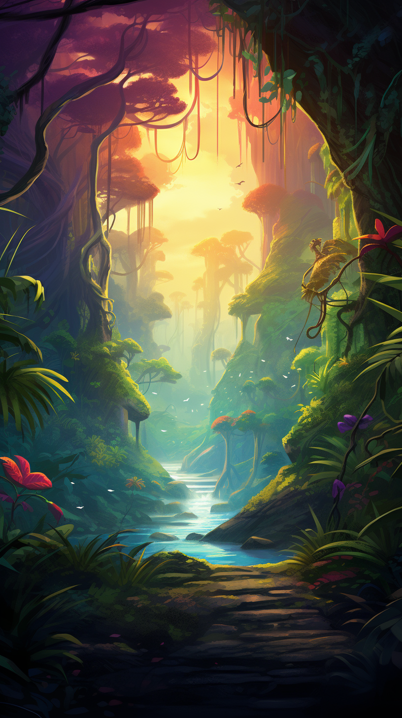 Vibrant jungle adventure with hidden clues.