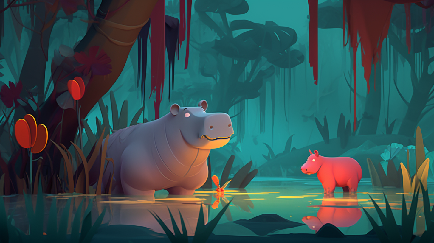 Whimsical jungle adventure with playful hippopotamus