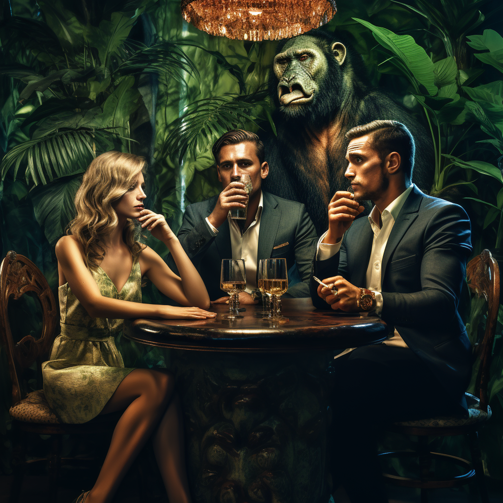 Three men enjoying drinks in a jungle-themed bar