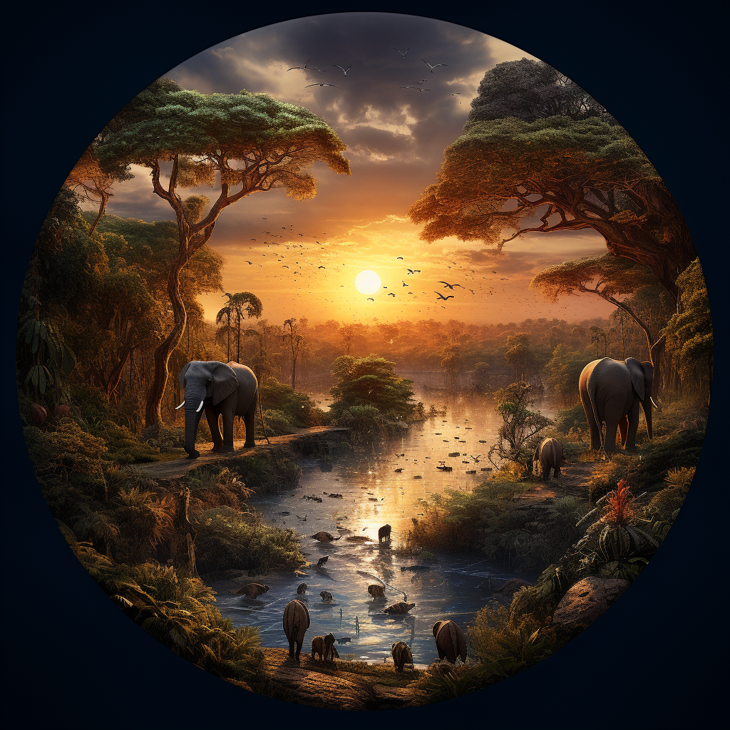 Jungle Dusk with Lone Elephant and Animals