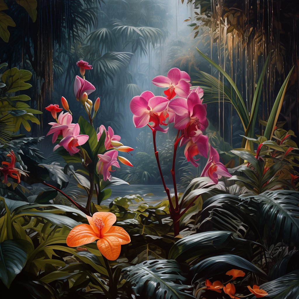 Beautiful jungle flowers in realistic photo