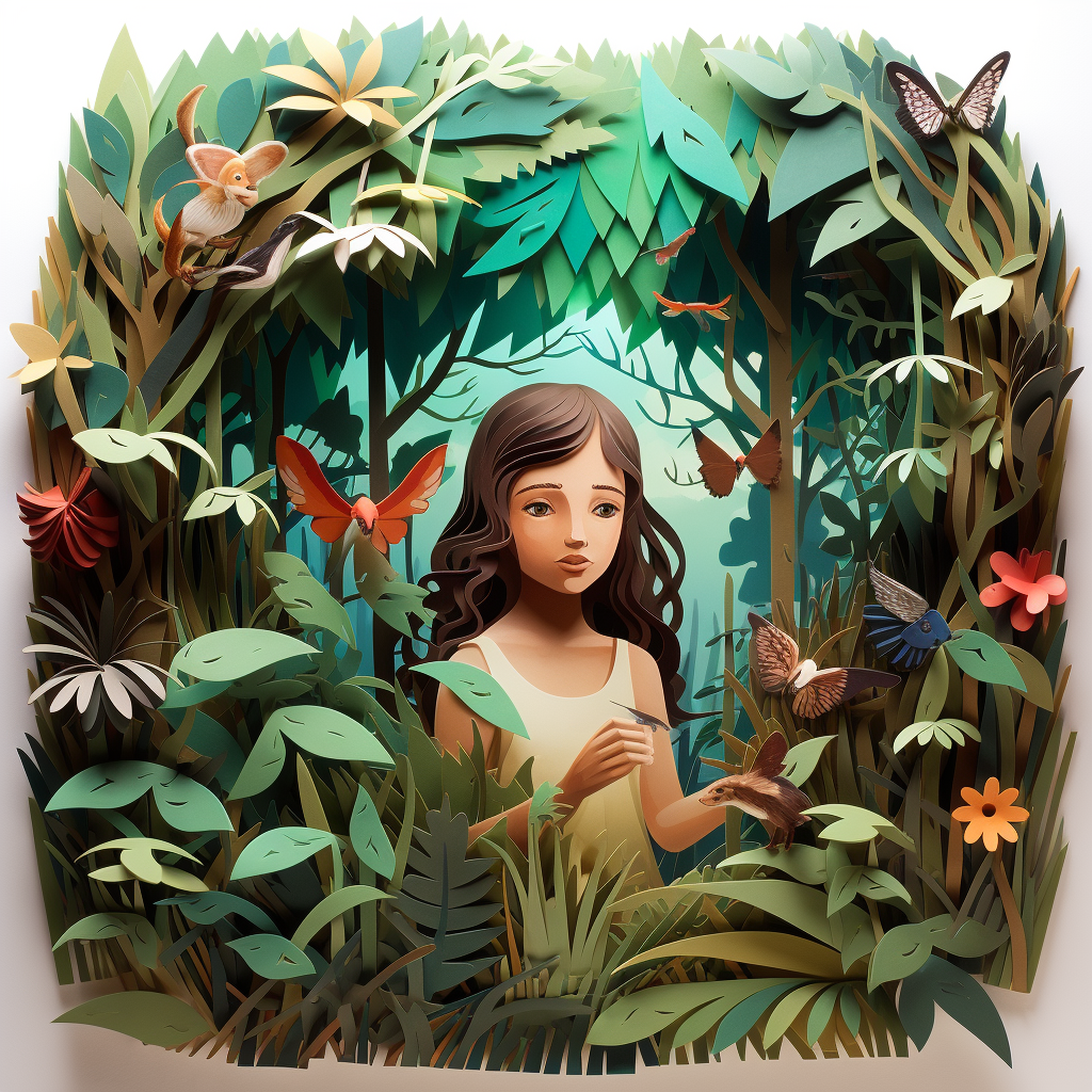 Artistic drawing of a girl in a lush jungle