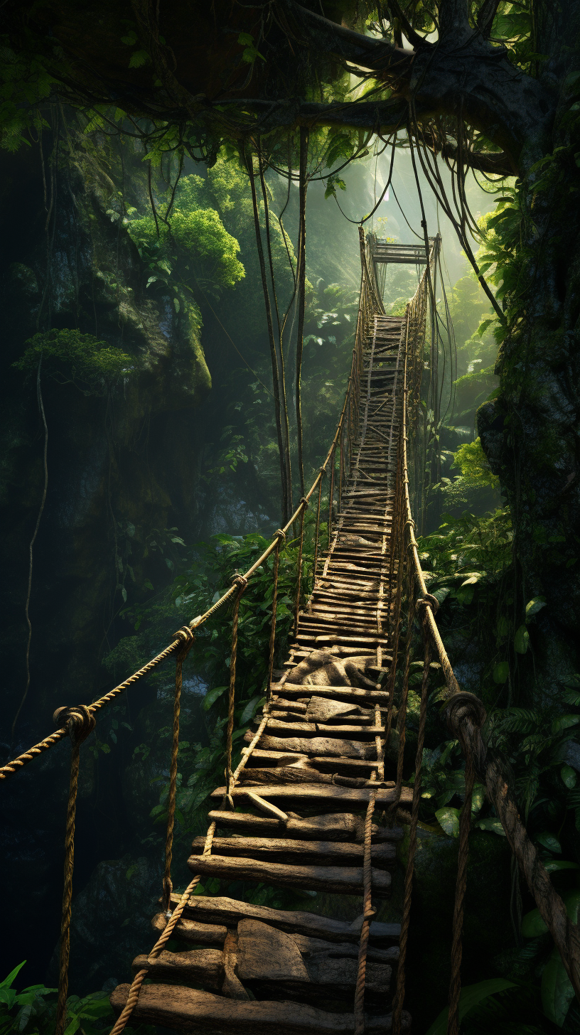 Suspension Bridge in Jungle with Lianas