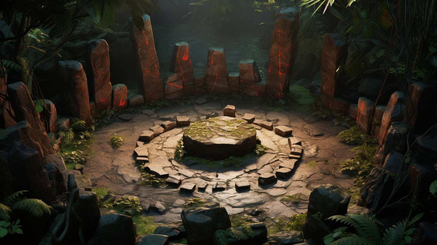 Photorealistic jungle magic stones circle