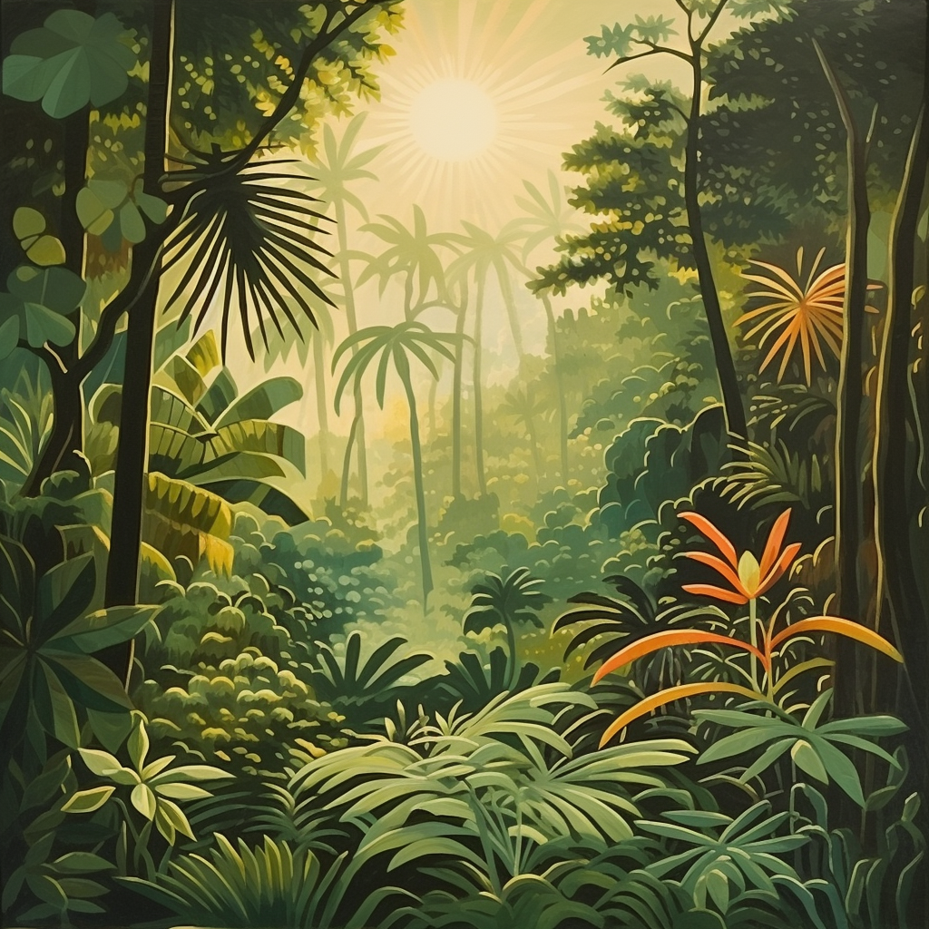 Beautiful stylized jungle painting with sun in distance