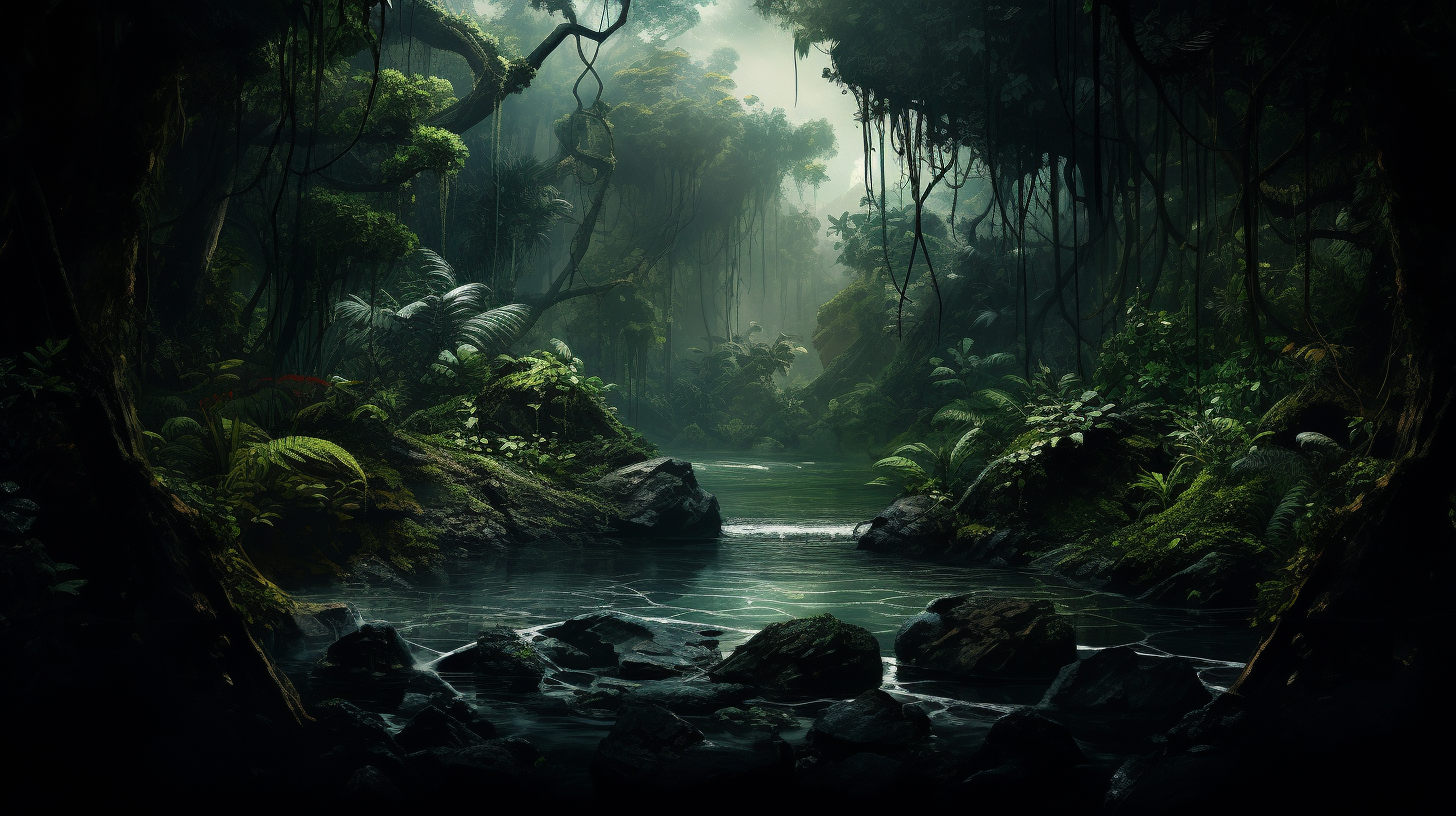 Enchanting black coffee river in somber jungle