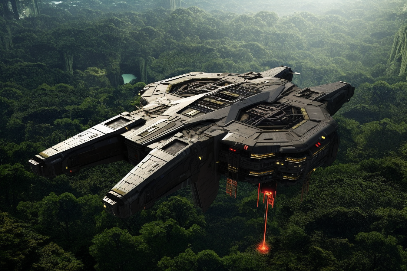 Futuristic spaceship taking off from the jungle