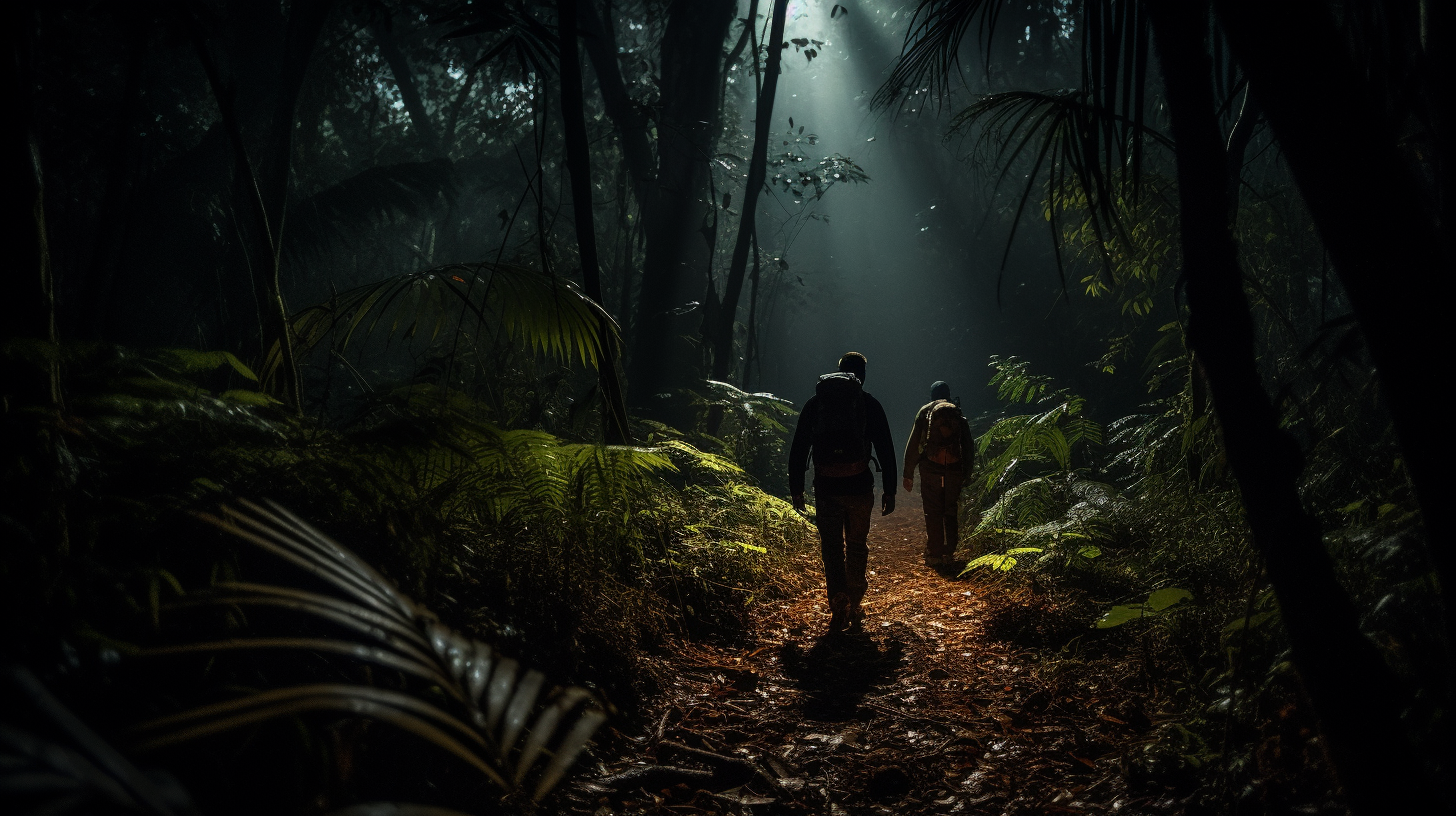 Tourist walking through jungle with flashlight