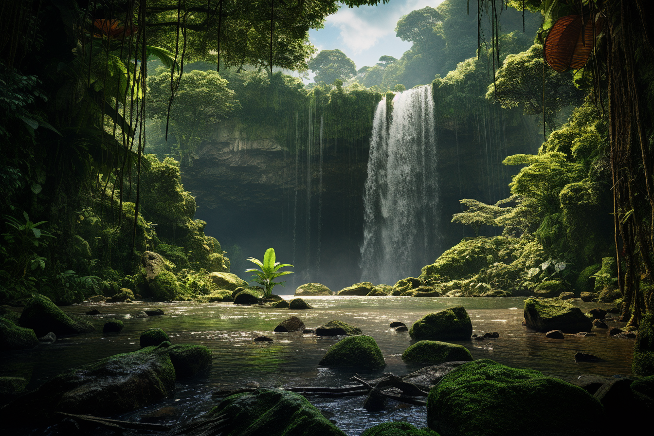 Jungle waterfall with product placement