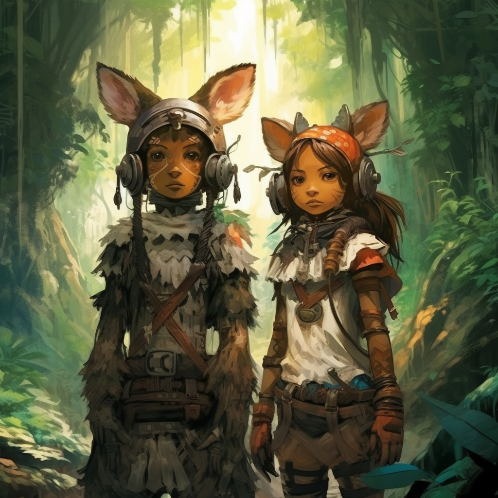 Adventurous junglepunk Viera couple exploring rainforest