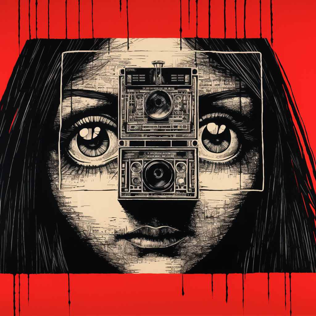 Junji Ito inspired camera ad with risoprint, graffiti, and red