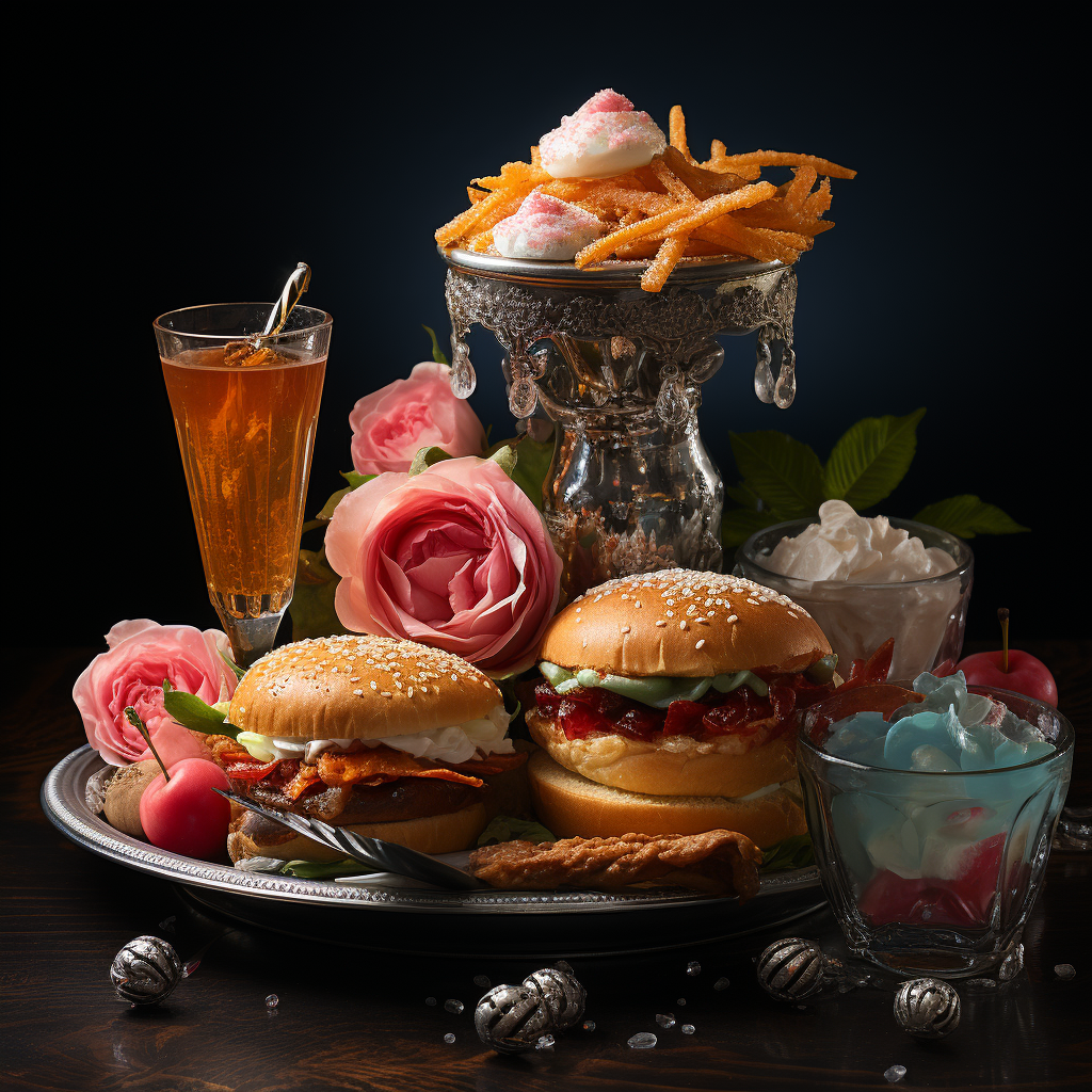 Still Life of Junk Food in Expensive Dishes