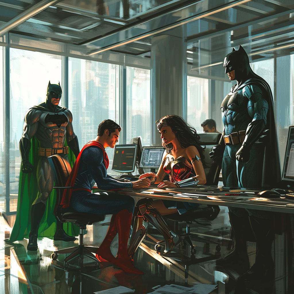 Justice League Superheroes in Modern Office Stopping Cyberattack