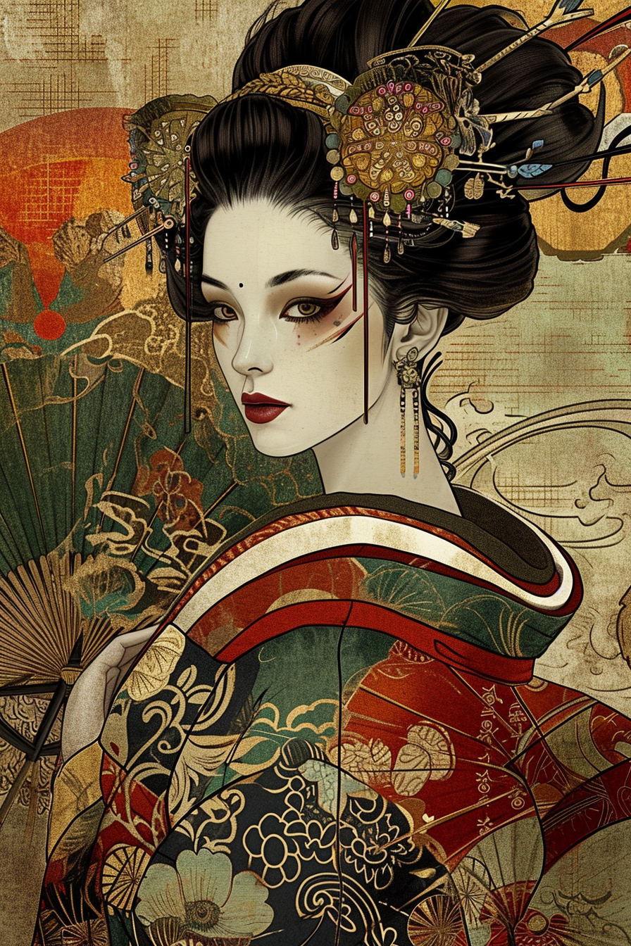 Kabuki woman art deco earthy colors