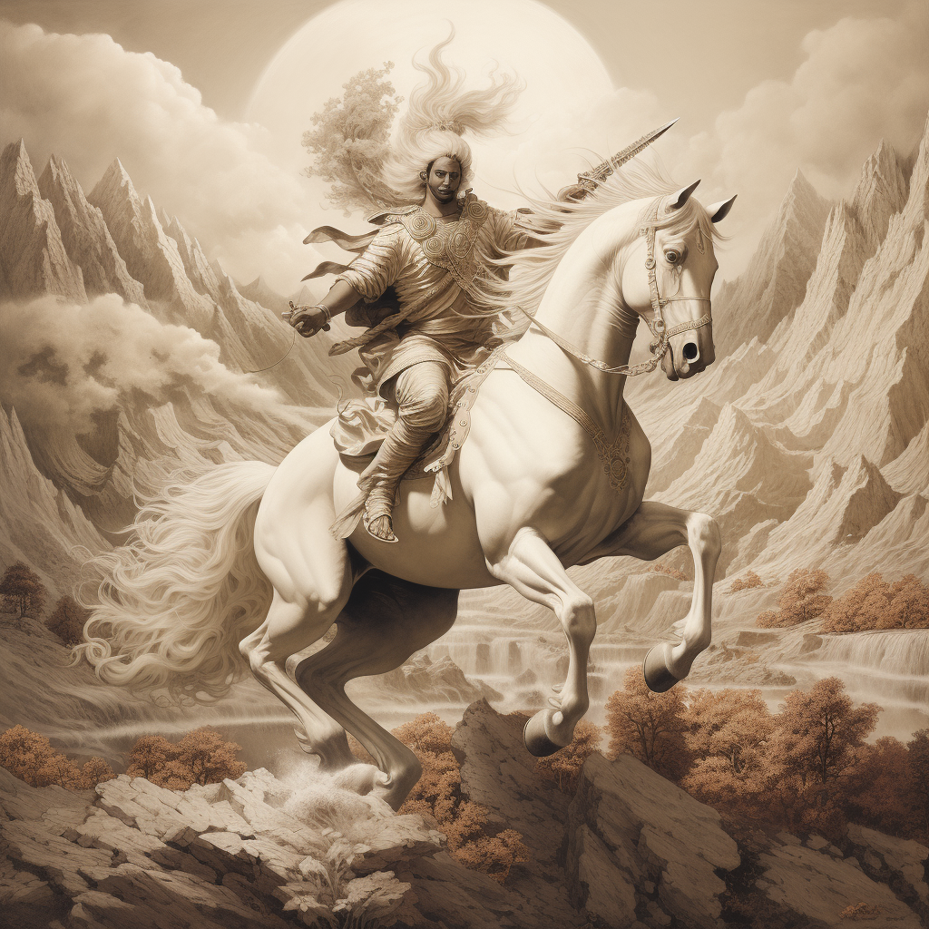 Hindu God Kalki unleashing divine power on white horse