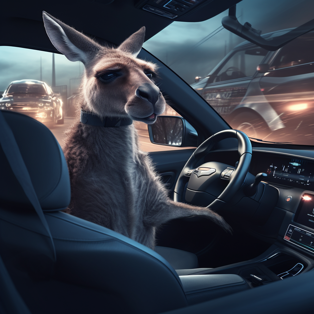 Kangaroo driving Tesla Cybertruck Convertible