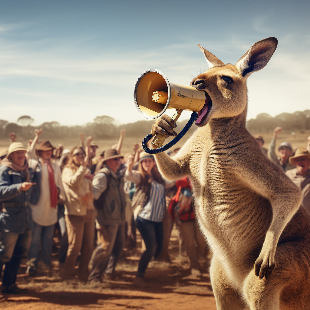 Kangaroo dressed as farmer in sunny field shouting