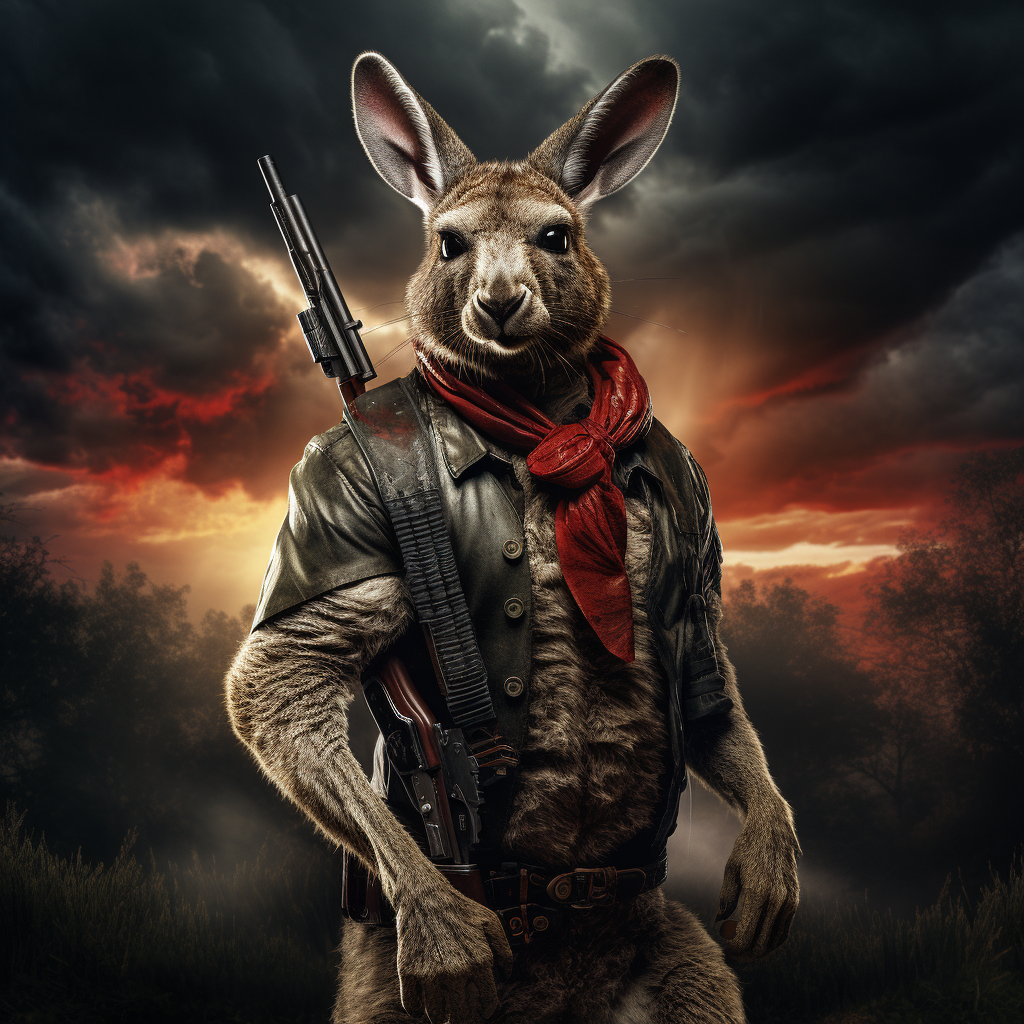 Strong kangaroo with red eyes and rifle