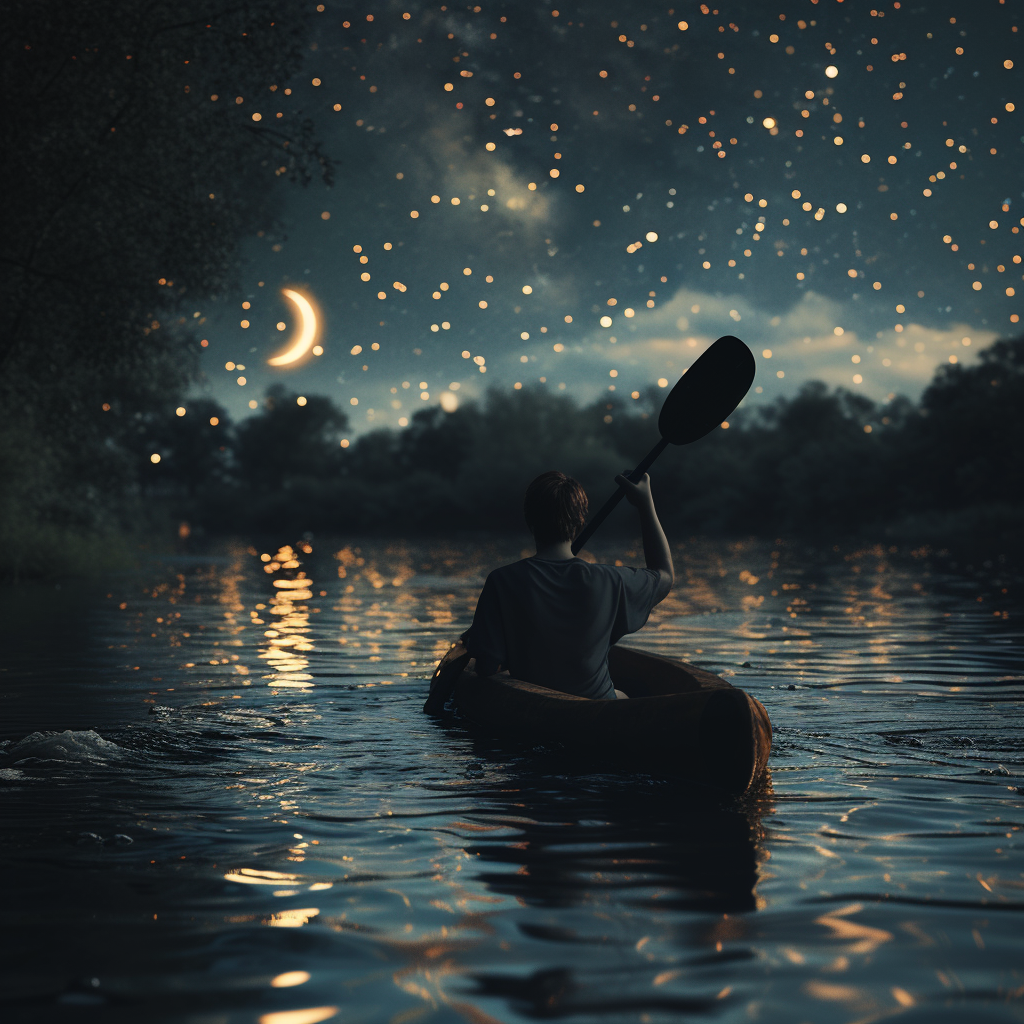 Brown-haired man paddling in a kanu on a river at night with stars and moon