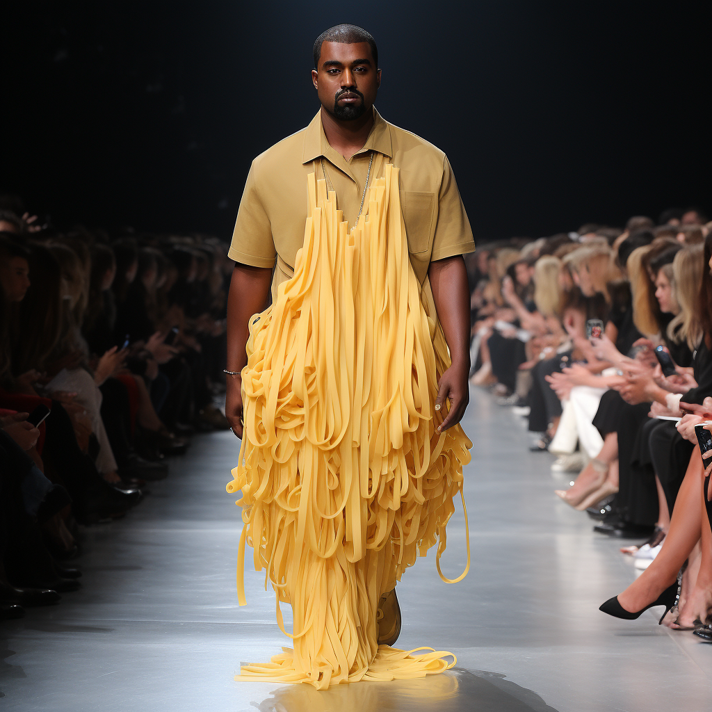 Kanye wearing pasta at fashion show