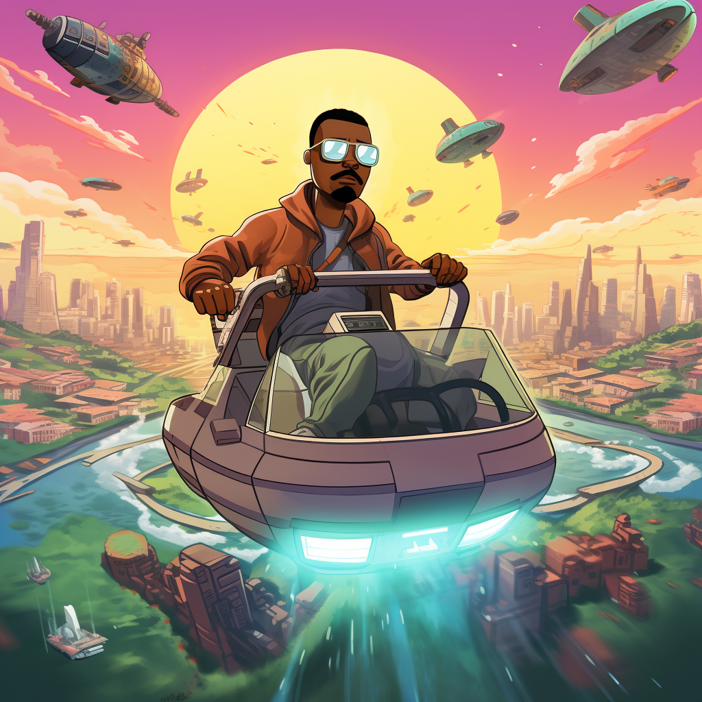 Kanye West Driving Flying Car Over Future City