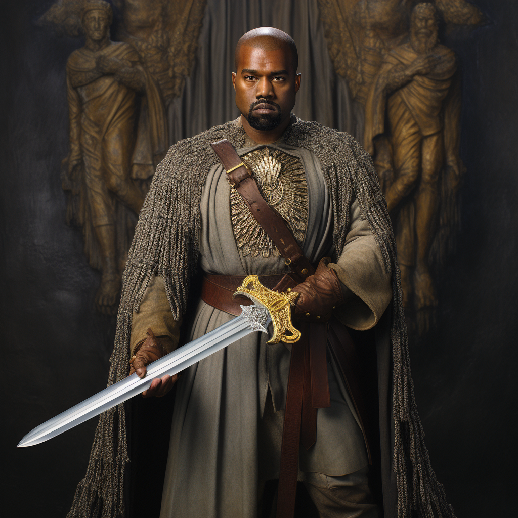 Kanye West holding a powerful sword