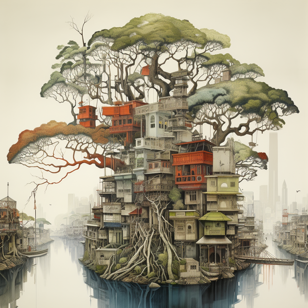 Majestic kapok tree with river and houses