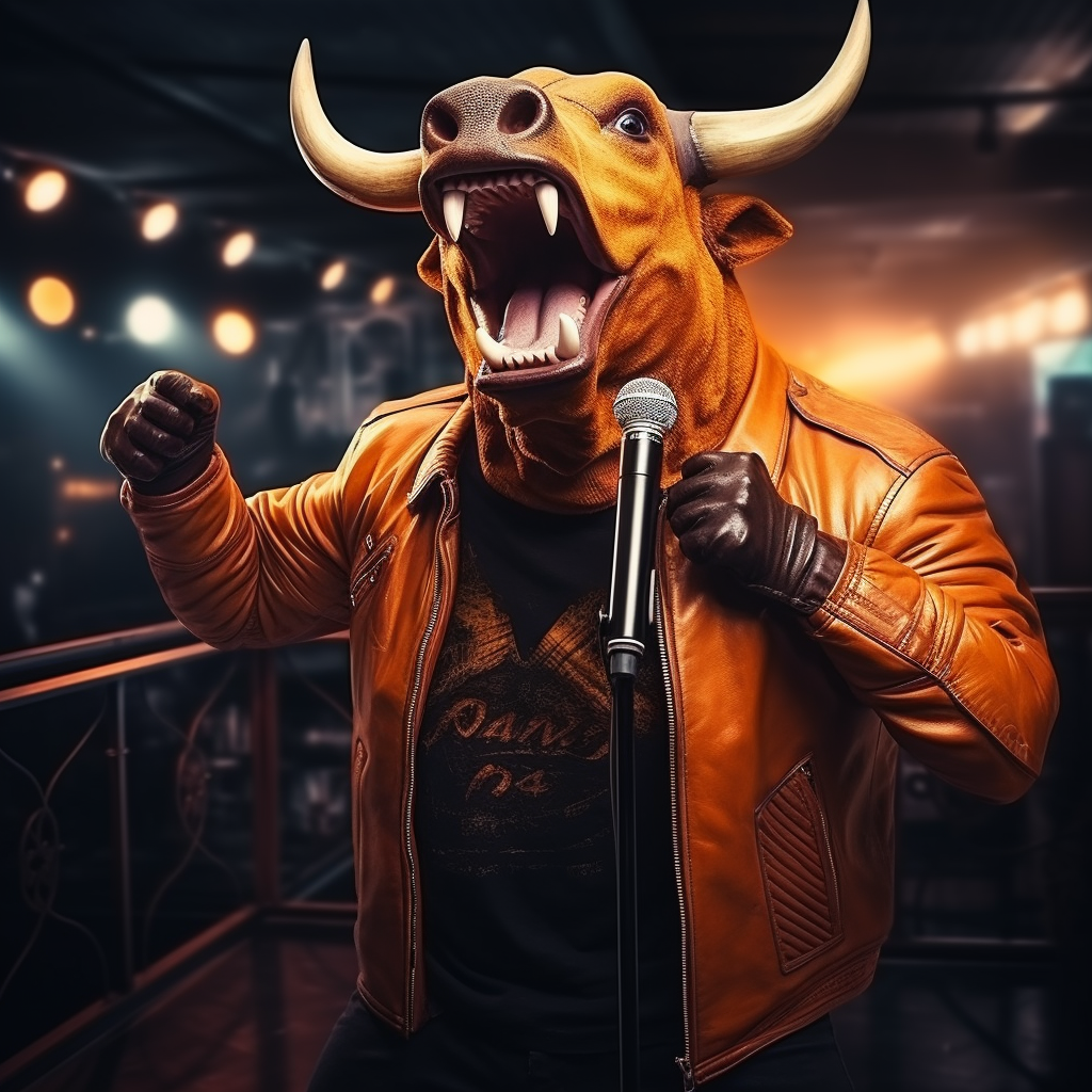 Bull singing karaoke in night bar