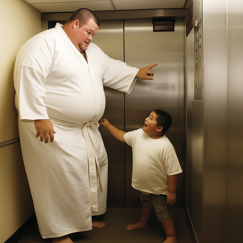 Karate master training young boy in elevator